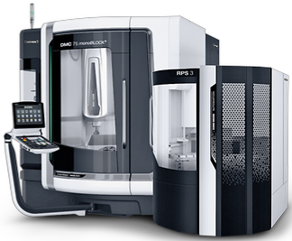 A CNC milling machine named DMG Mori DMC75 Monoblock with attached automated pallet handling system